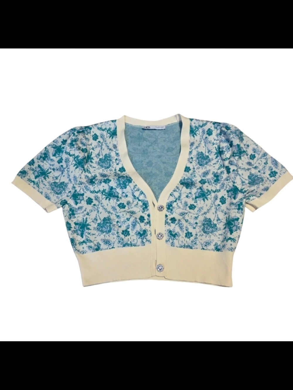 Zara Cropped Floral Cardigan L Y2K Short Sleeve Button Front